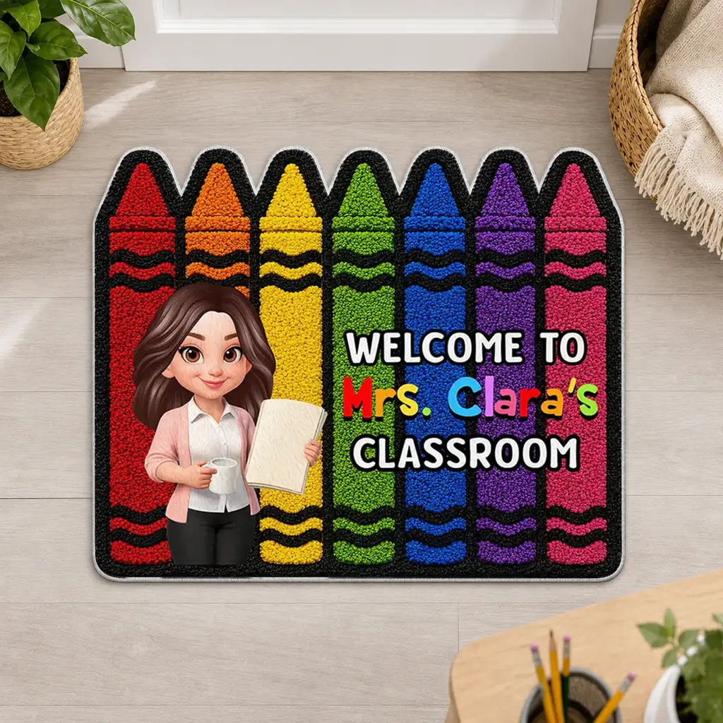 Colorful Crayon Shaped Doormat, Personalized Classroom Welcome, Unique Gift for Teacher