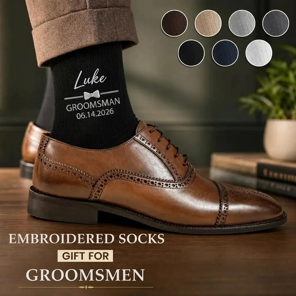 Personalized Embroidered Combed Cotton Socks, Unique Wedding Gift for Groomsmen with Bow Tie Detail