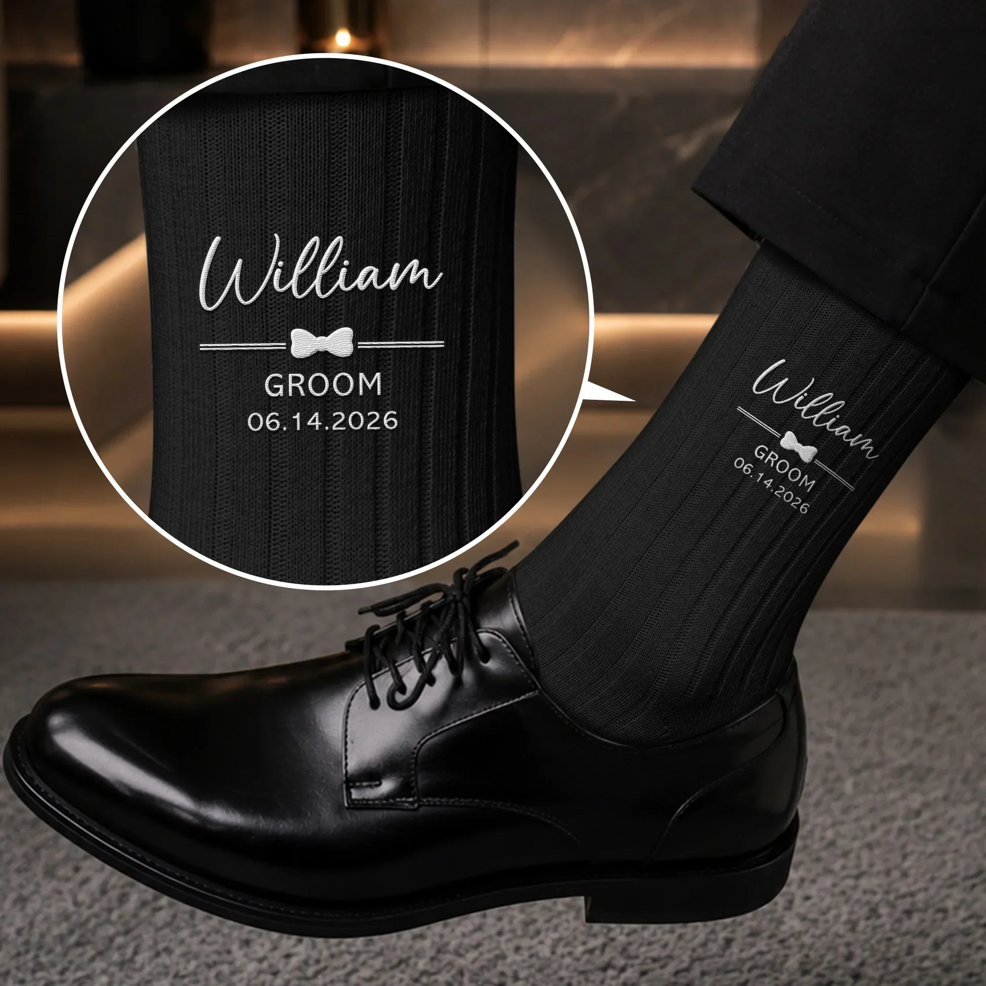Personalized Embroidered Combed Cotton Socks, Unique Wedding Gift for Groomsmen with Bow Tie Detail - Image 2