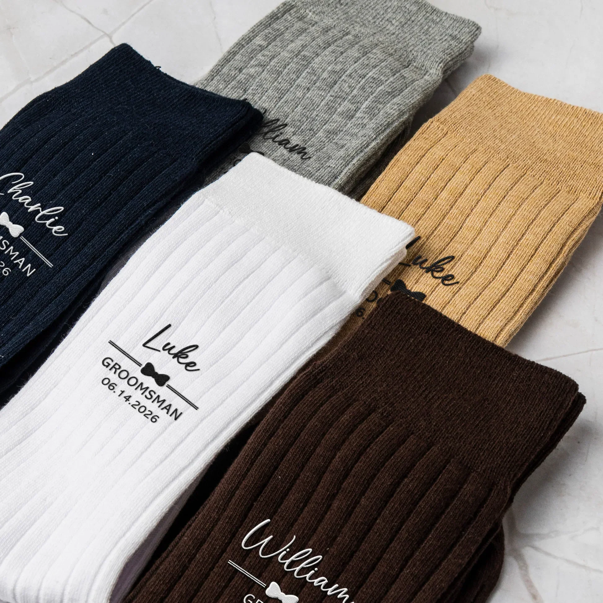 Personalized Embroidered Combed Cotton Socks, Unique Wedding Gift for Groomsmen with Bow Tie Detail - Image 3