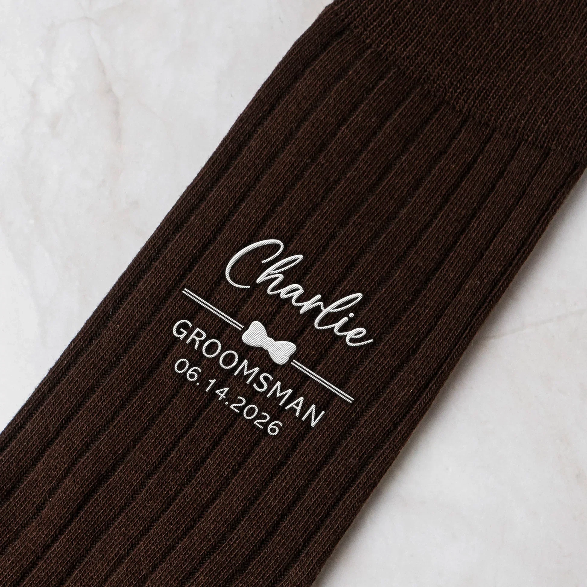 Personalized Embroidered Combed Cotton Socks, Unique Wedding Gift for Groomsmen with Bow Tie Detail - Image 7