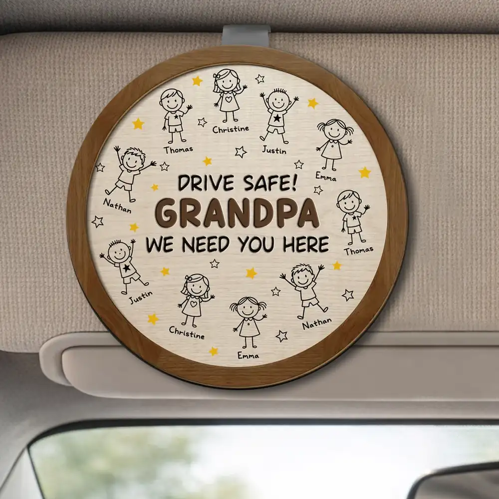 Personalized Car Visor Clip For Grandpa, Unique Custom Drive Safe Gift With Cute Child Doodles
