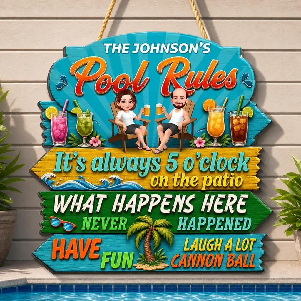 Personalized Wooden Sign, Tropical Pool Rules Patio Decor, Unique Gift For Family