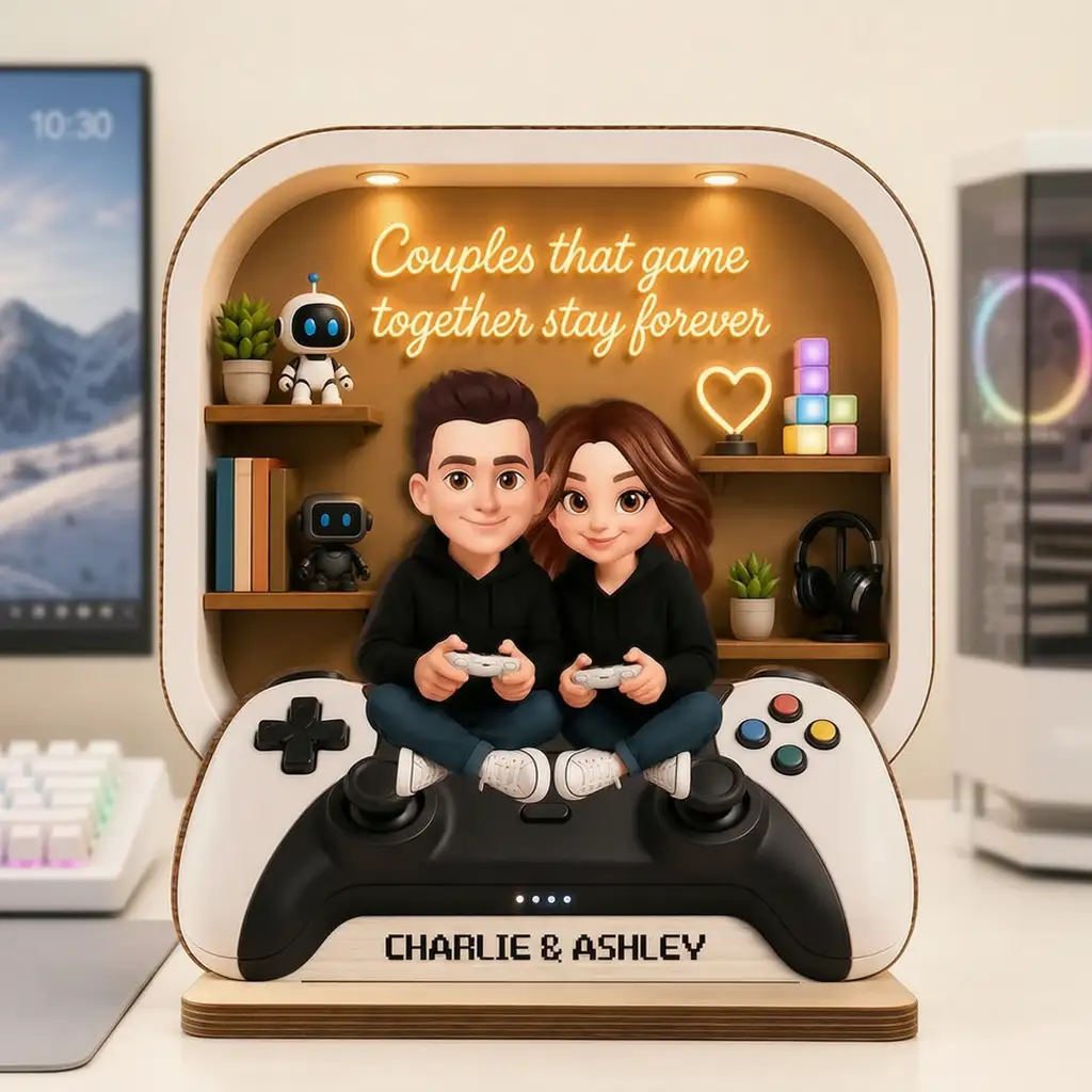 Personalized 2-Layer Wooden Plaque, Gaming Couple Cartoon Scene, Unique Gift for Shared Playtime
