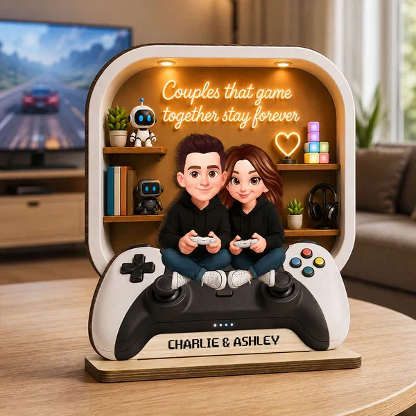 Personalized 2-Layer Wooden Plaque, Gaming Couple Cartoon Scene, Unique Gift for Shared Playtime - Image 2