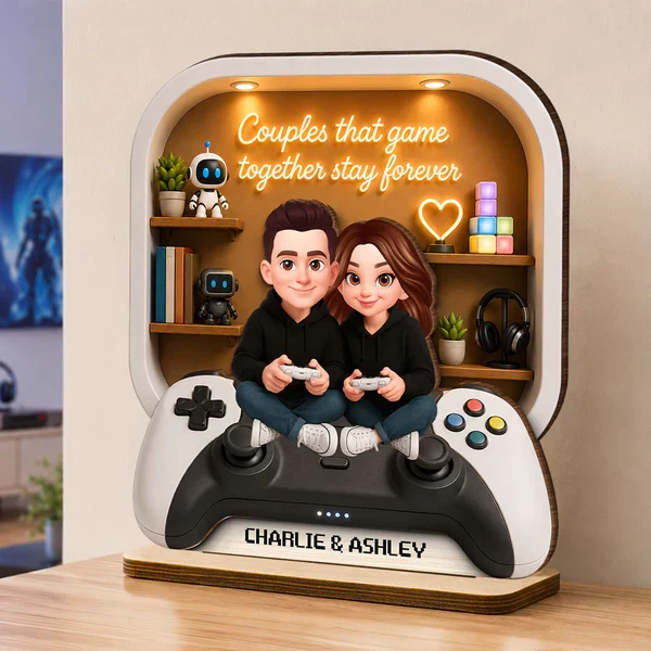 Personalized 2-Layer Wooden Plaque, Gaming Couple Cartoon Scene, Unique Gift for Shared Playtime - Image 3