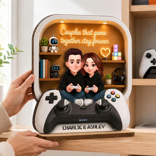 Personalized 2-Layer Wooden Plaque, Gaming Couple Cartoon Scene, Unique Gift for Shared Playtime - Image 6
