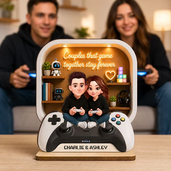 Personalized 2-Layer Wooden Plaque, Gaming Couple Cartoon Scene, Unique Gift for Shared Playtime - Image 7