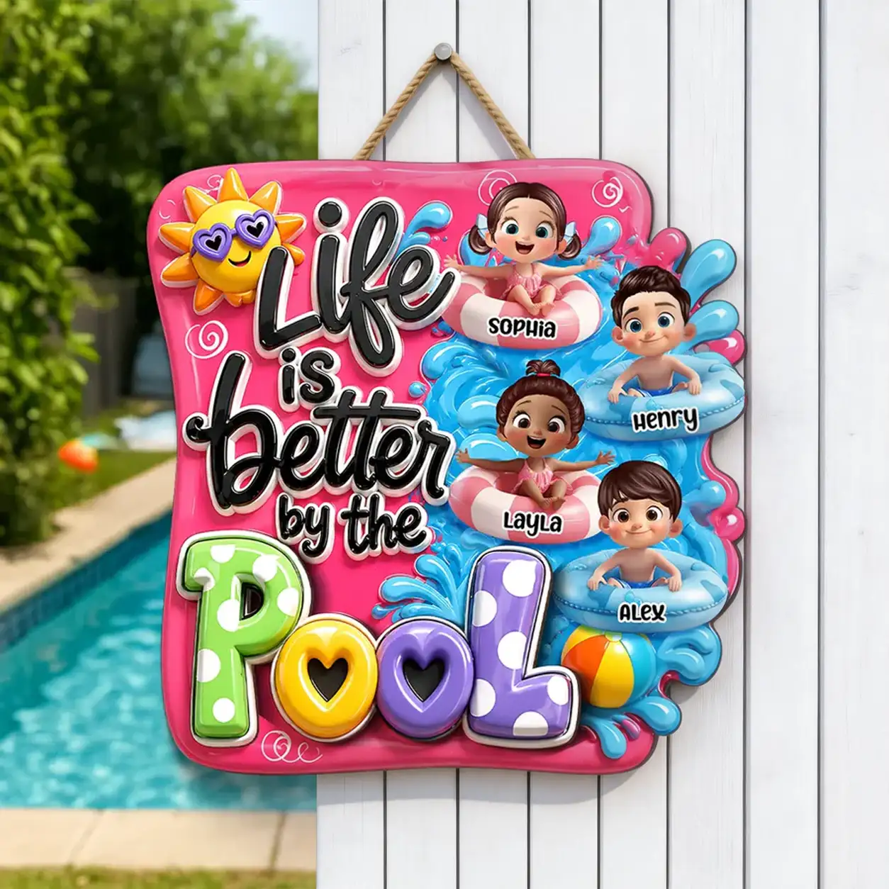 Personalized Pool Kids Wooden Sign, Cute Summer Yard Decor, Unique Gift for Grandparents