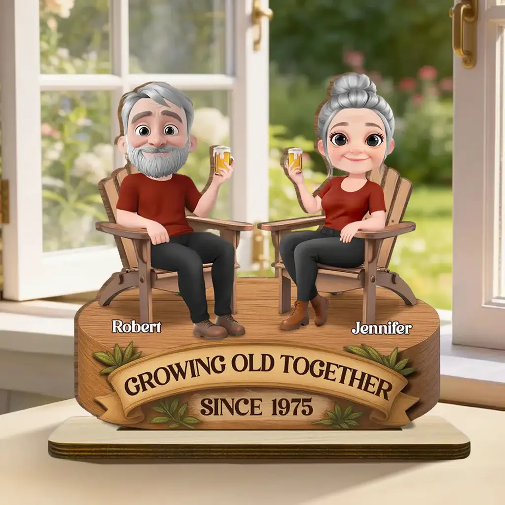 Growing Old Together 2-Layer Wooden Plaque, Seated Couple Toasting, Unique Gift for Husband & Wife