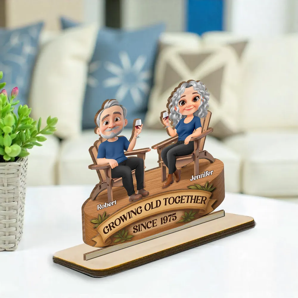 Growing Old Together 2-Layer Wooden Plaque, Seated Couple Toasting, Unique Gift for Husband & Wife - Image 2