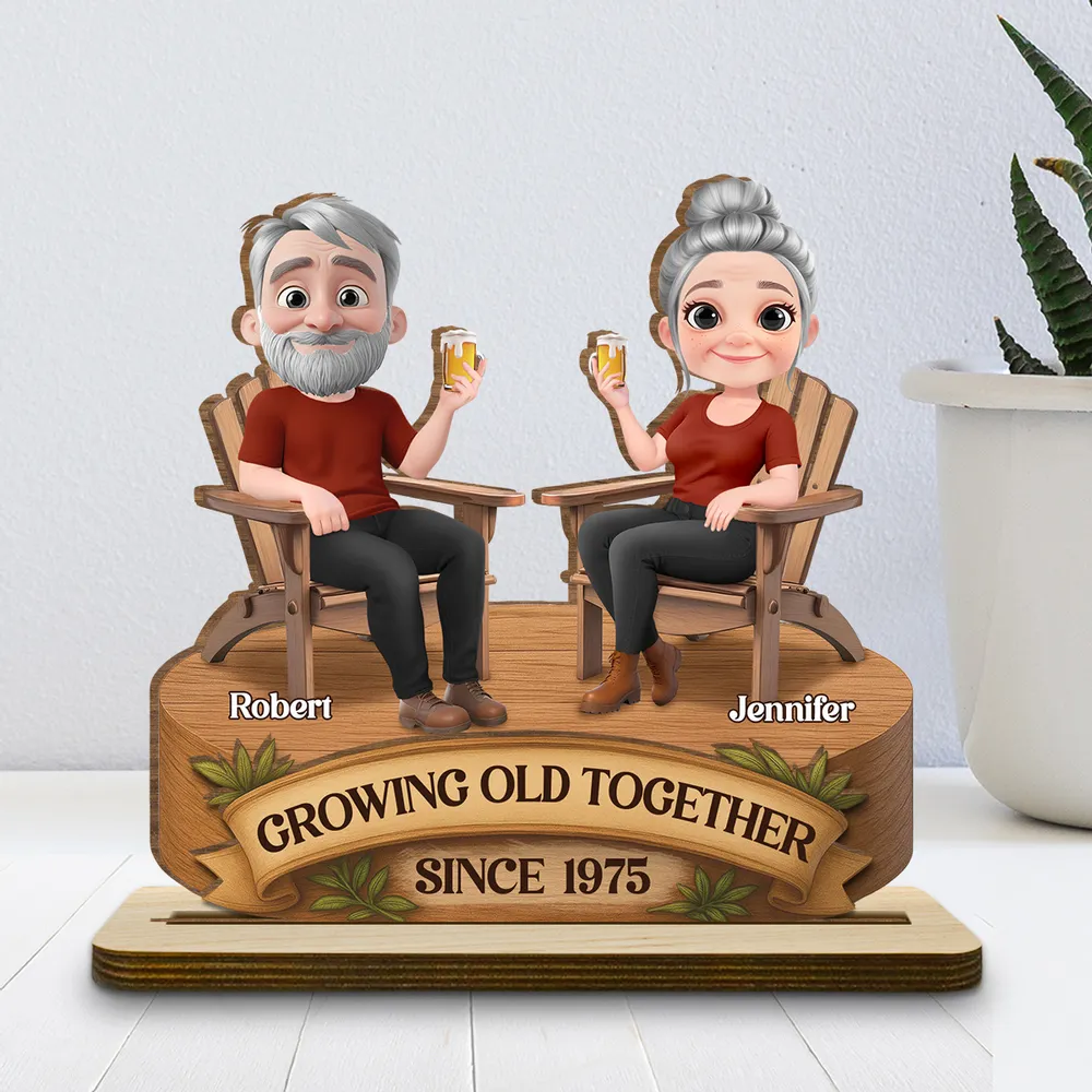 Growing Old Together 2-Layer Wooden Plaque, Seated Couple Toasting, Unique Gift for Husband & Wife - Image 3