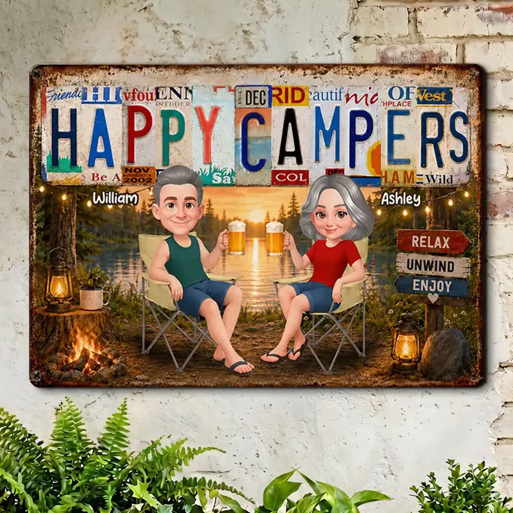 Personalized Rectangular Iron Sign, Happy Campers Couple Camping Gift, Unique Porch Decor