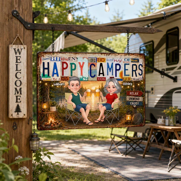 Personalized Rectangular Iron Sign, Happy Campers Couple Camping Gift, Unique Porch Decor - Image 3