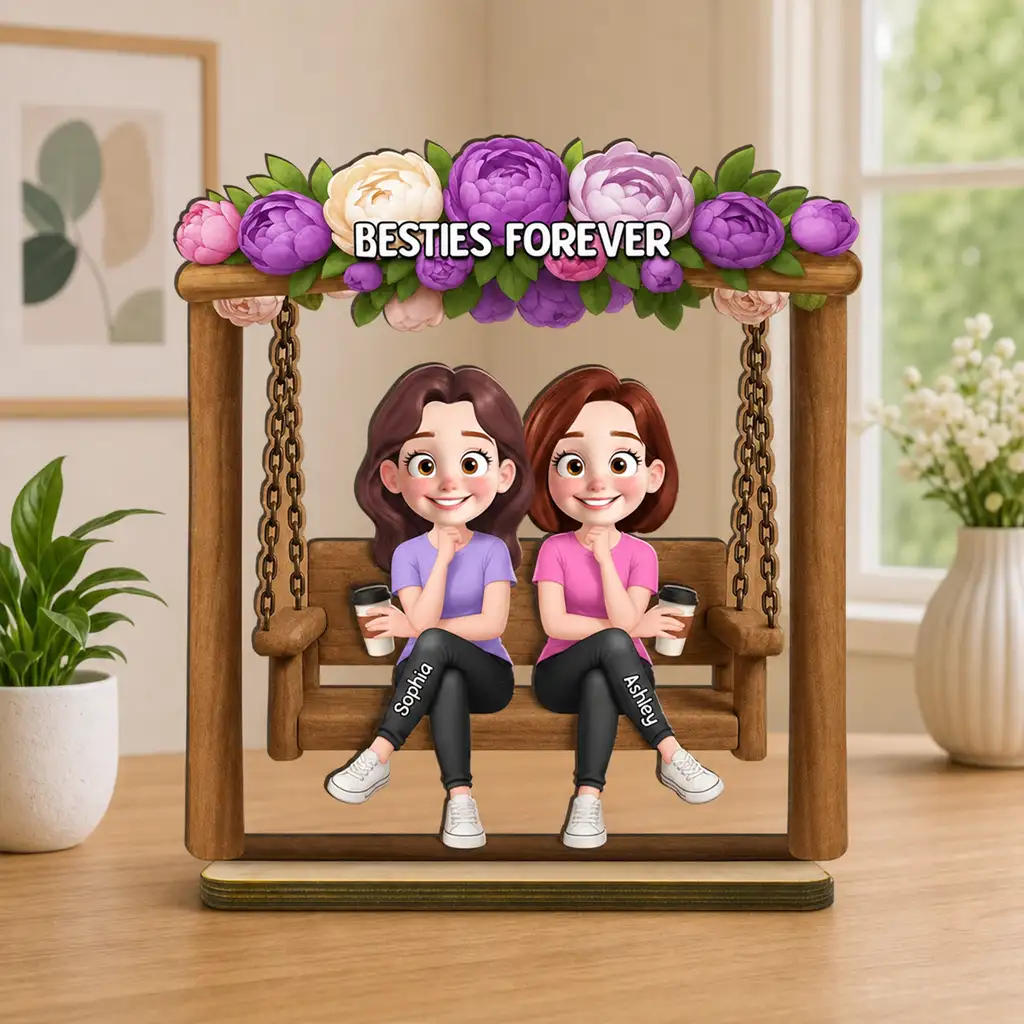 Personalized Layered Wooden Plaque, Friends On Swing Flower Art, Unique Creative Gift For Sister
