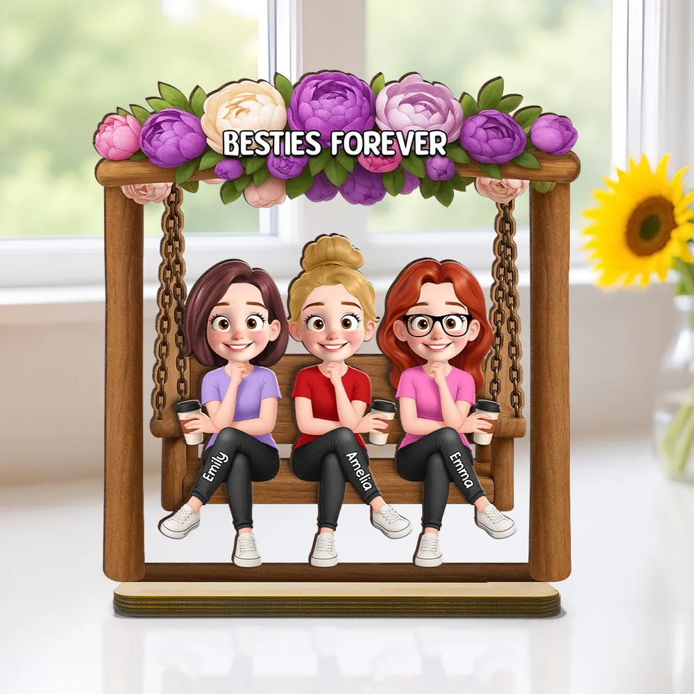 Personalized Layered Wooden Plaque, Friends On Swing Flower Art, Unique Creative Gift For Sister - Image 2