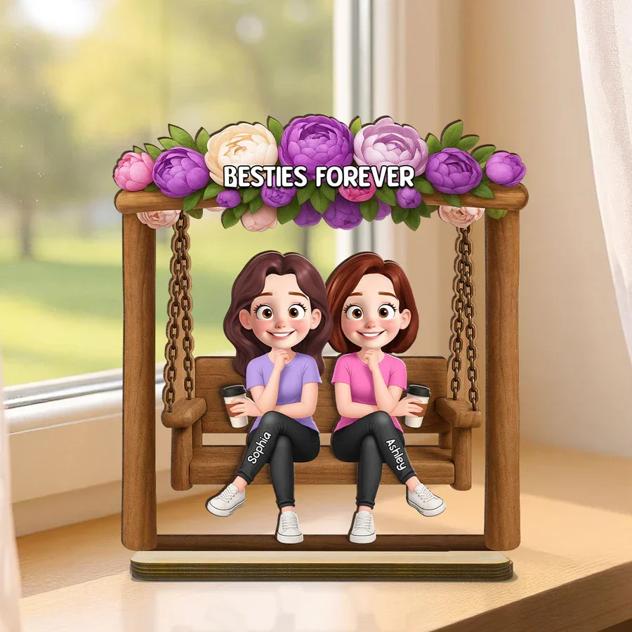 Personalized Layered Wooden Plaque, Friends On Swing Flower Art, Unique Creative Gift For Sister - Image 3