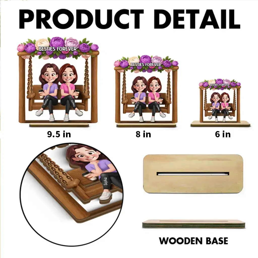 Personalized Layered Wooden Plaque, Friends On Swing Flower Art, Unique Creative Gift For Sister - Image 4