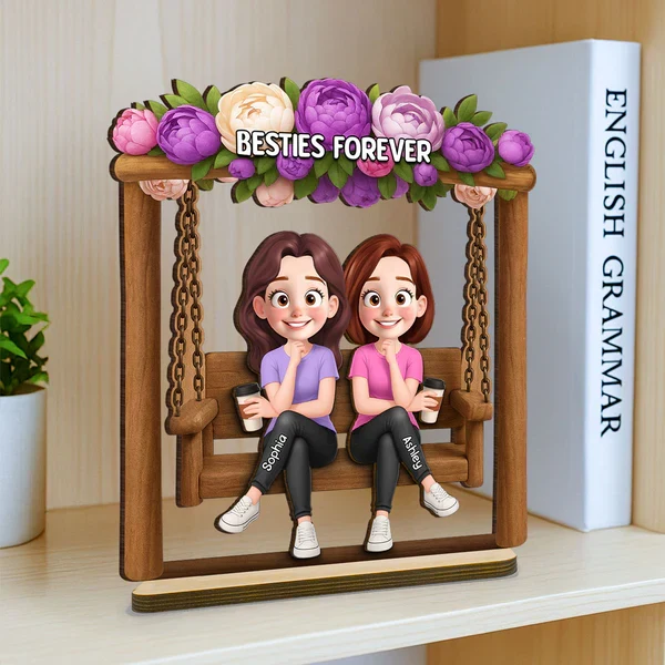 Personalized Layered Wooden Plaque, Friends On Swing Flower Art, Unique Creative Gift For Sister - Image 6