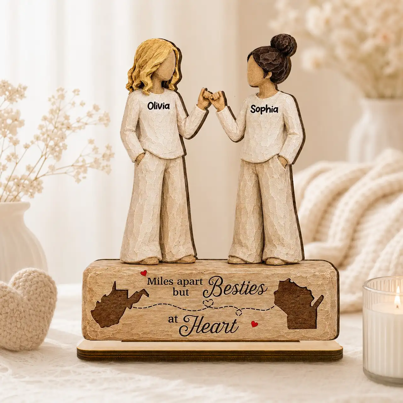 Personalized Wooden Plaque, Miles Apart Besties at Heart, Unique Gift for Long-Distance Friends