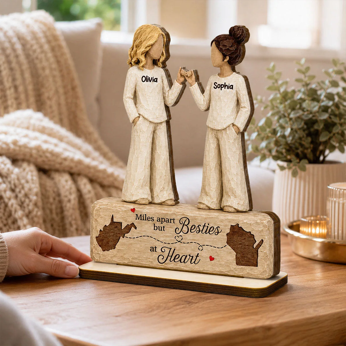 Personalized Wooden Plaque, Miles Apart Besties at Heart, Unique Gift for Long-Distance Friends - Image 2