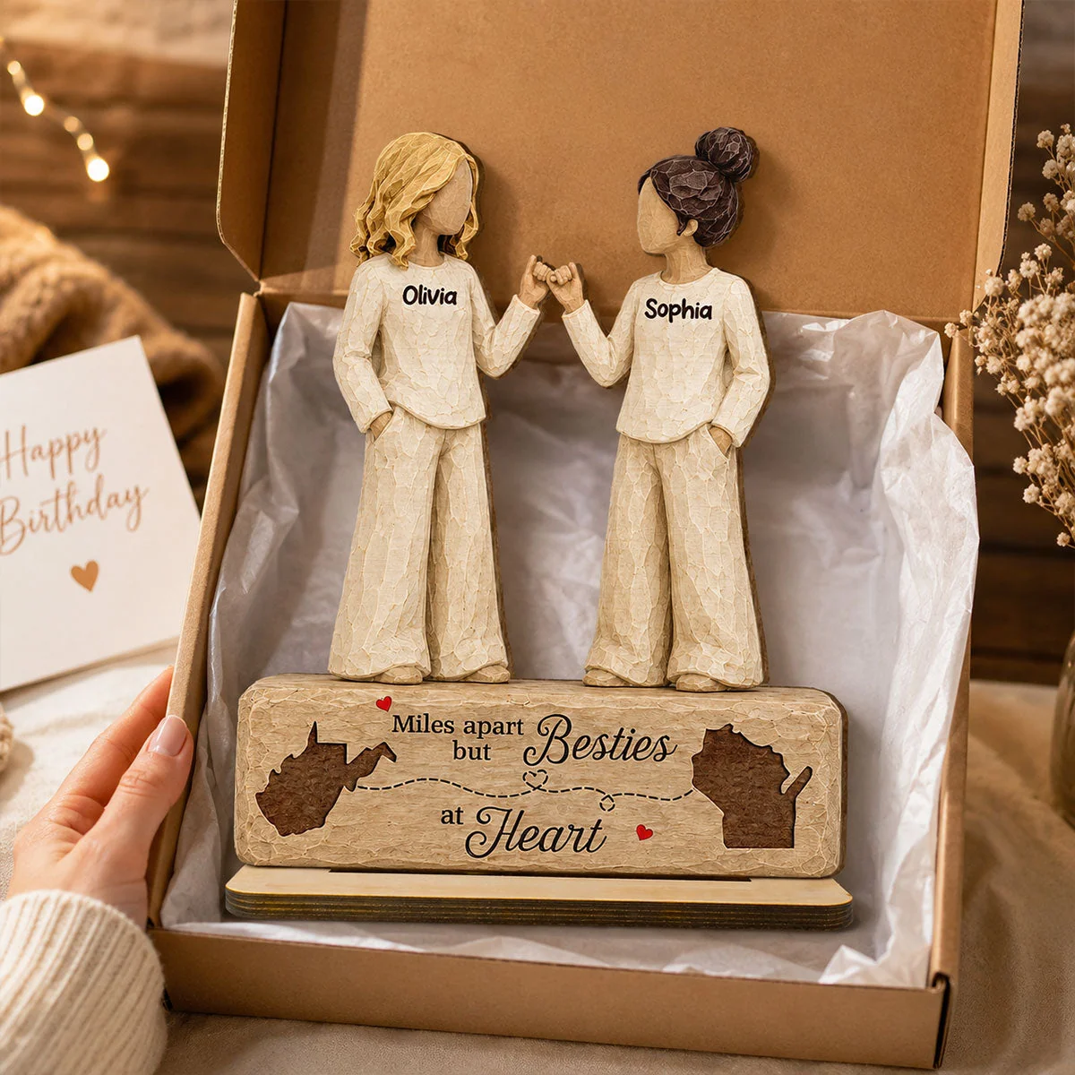 Personalized Wooden Plaque, Miles Apart Besties at Heart, Unique Gift for Long-Distance Friends - Image 3
