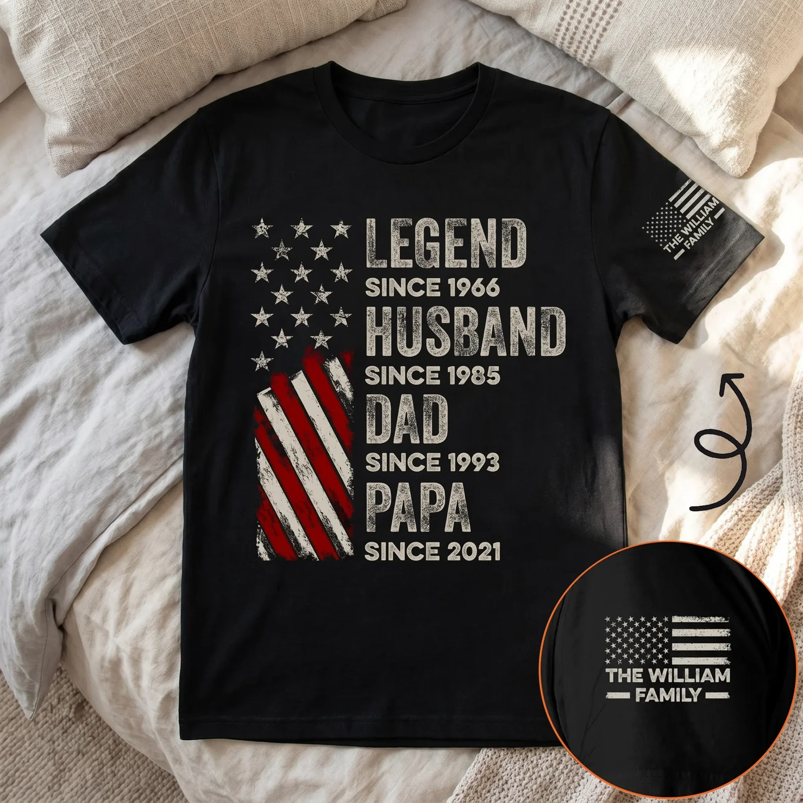 Custom Dual Print Classic Tee with Patriotic Family Print, Unique Creative Gift for Dad & Husband