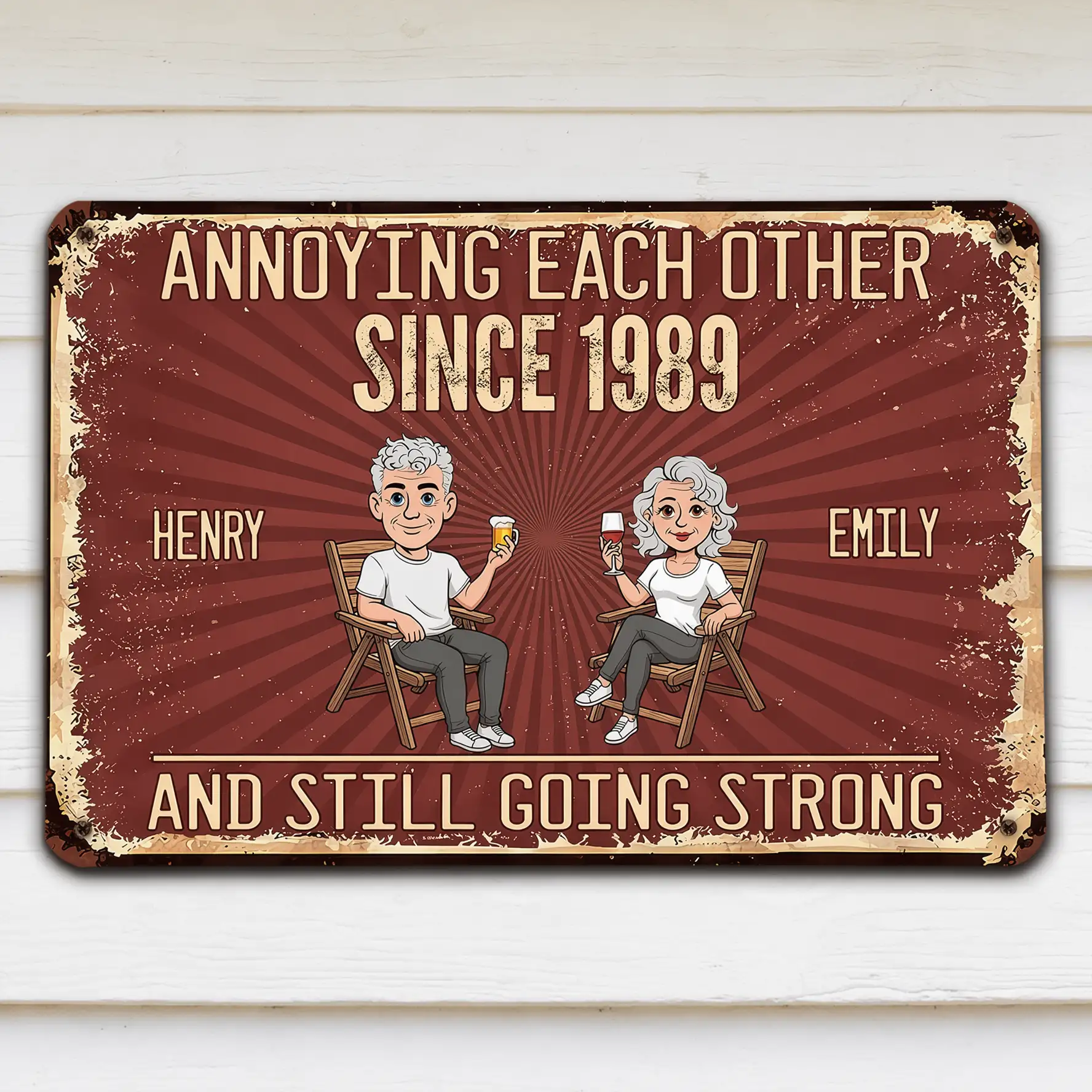 Personalized Rectangular Iron Sign, Vintage Couple Humor With Seated Drinks, Unique Gift for Husband & Wife