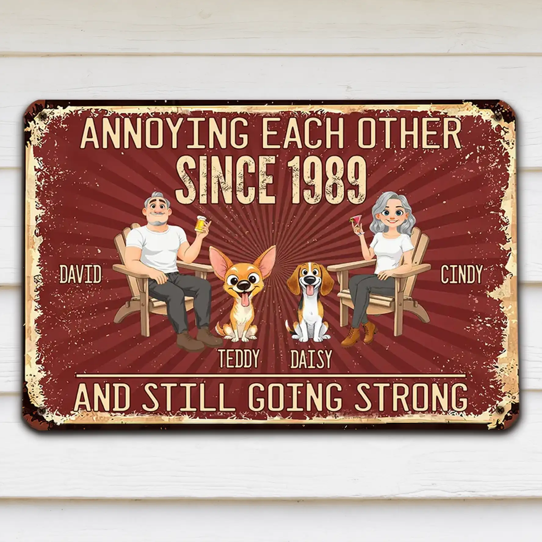 Personalized Rectangular Iron Sign, Seated Couple With Dogs, Vintage Red Unique Creative Gift - Image 3