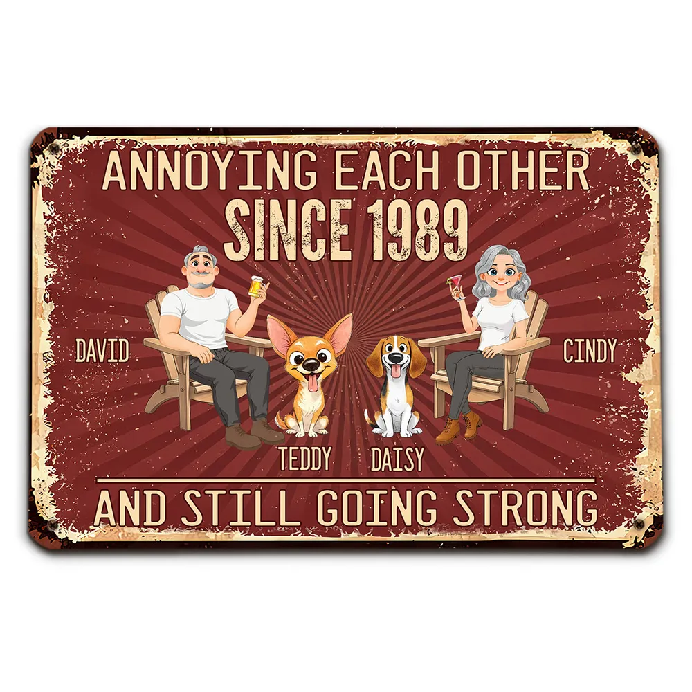 Personalized Rectangular Iron Sign, Seated Couple With Dogs, Vintage Red Unique Creative Gift - Image 5