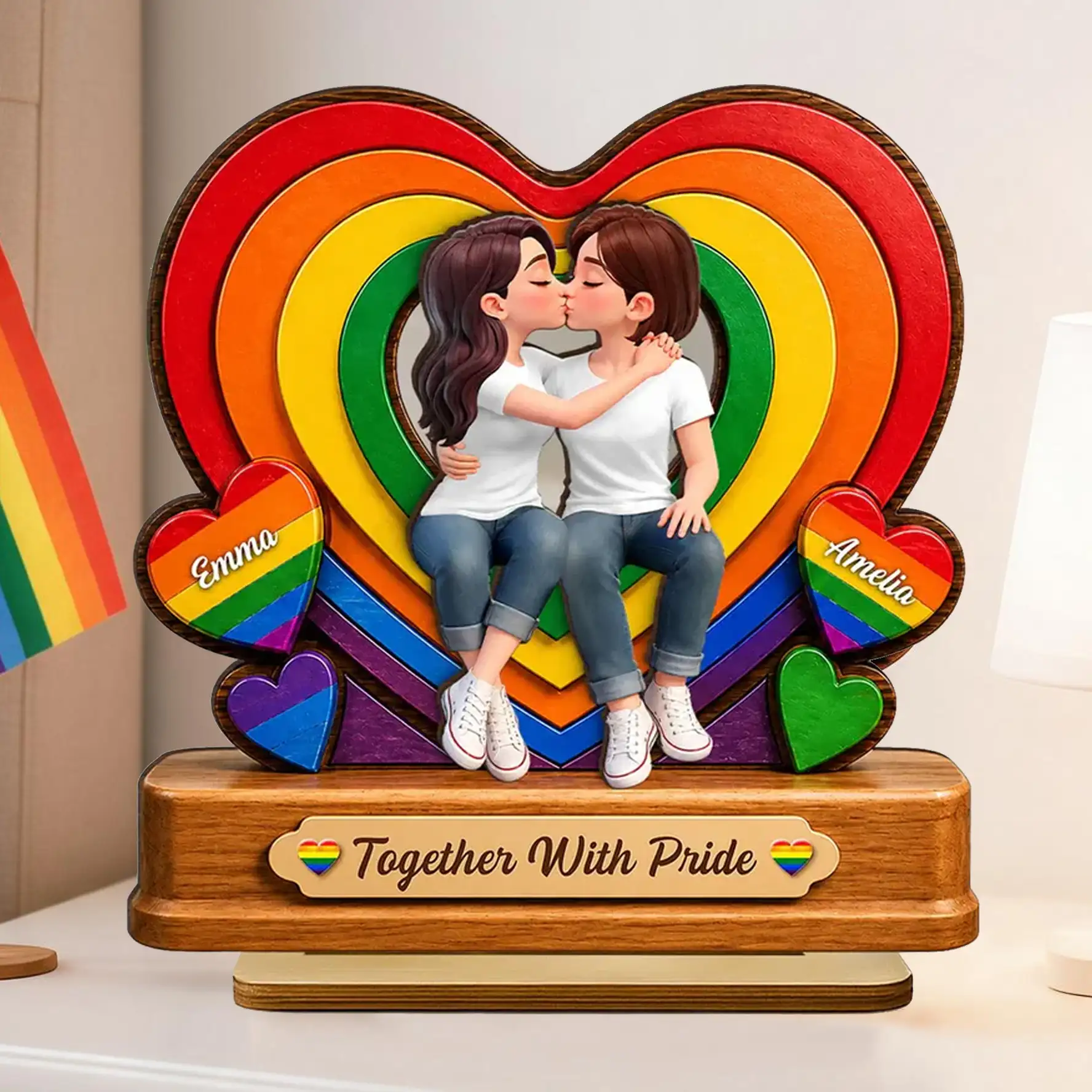 Personalized 2-Layer Wooden Plaque with Kissing LGBTQ Couple, Rainbow Heart, Unique Gift for Partner