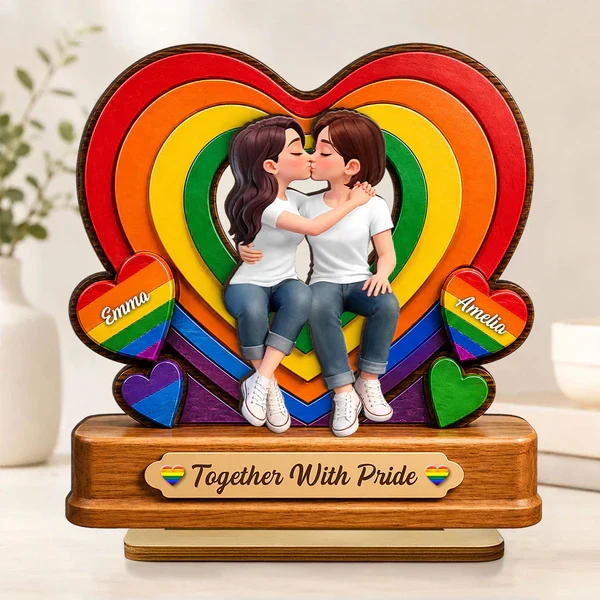 Personalized 2-Layer Wooden Plaque with Kissing LGBTQ Couple, Rainbow Heart, Unique Gift for Partner - Image 2