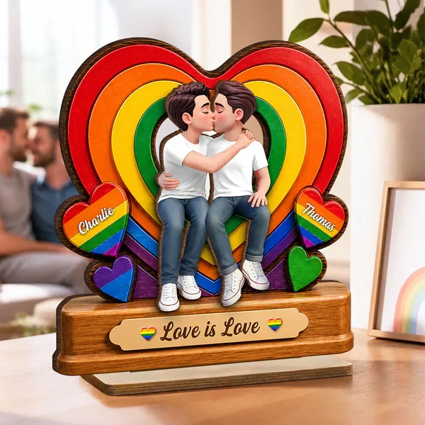 Personalized 2-Layer Wooden Plaque with Kissing LGBTQ Couple, Rainbow Heart, Unique Gift for Partner - Image 3