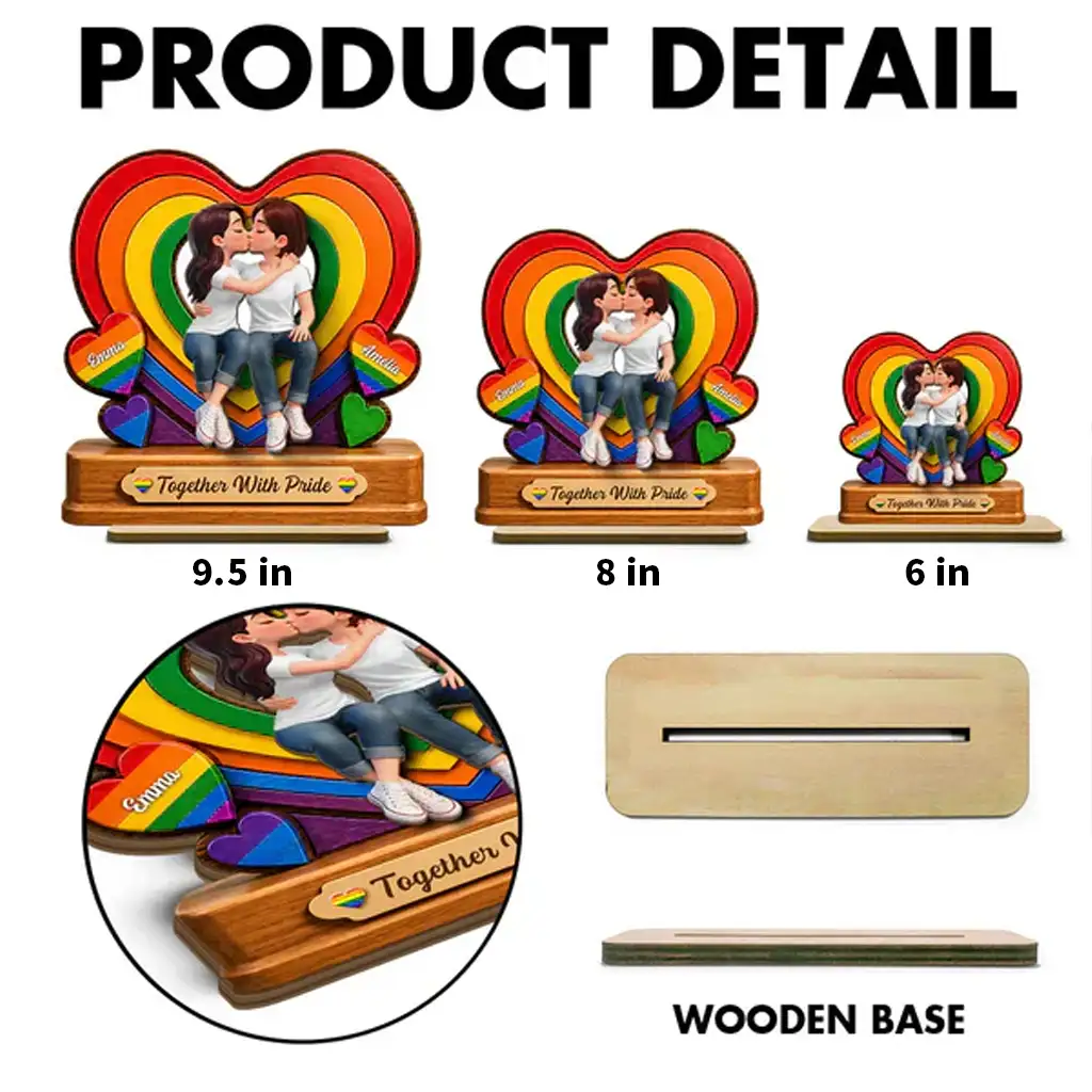 Personalized 2-Layer Wooden Plaque with Kissing LGBTQ Couple, Rainbow Heart, Unique Gift for Partner - Image 4