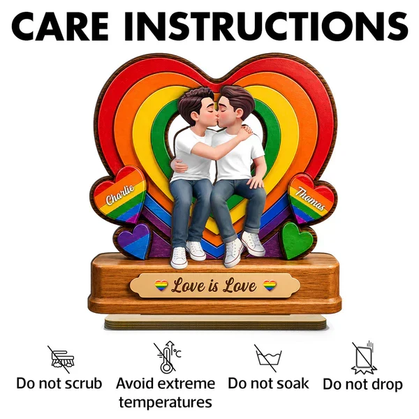 Personalized 2-Layer Wooden Plaque with Kissing LGBTQ Couple, Rainbow Heart, Unique Gift for Partner - Image 5