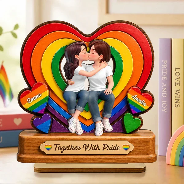 Personalized 2-Layer Wooden Plaque with Kissing LGBTQ Couple, Rainbow Heart, Unique Gift for Partner - Image 6