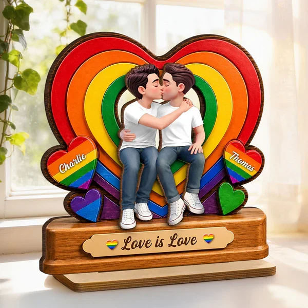 Personalized 2-Layer Wooden Plaque with Kissing LGBTQ Couple, Rainbow Heart, Unique Gift for Partner - Image 7