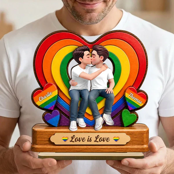 Personalized 2-Layer Wooden Plaque with Kissing LGBTQ Couple, Rainbow Heart, Unique Gift for Partner - Image 8