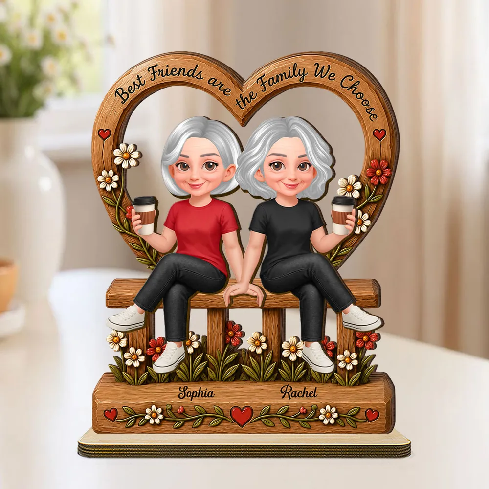 2-Layer Wooden Plaque, Family We Choose Quote with Friends on Floral Bench, Creative Gift for Close Friend
