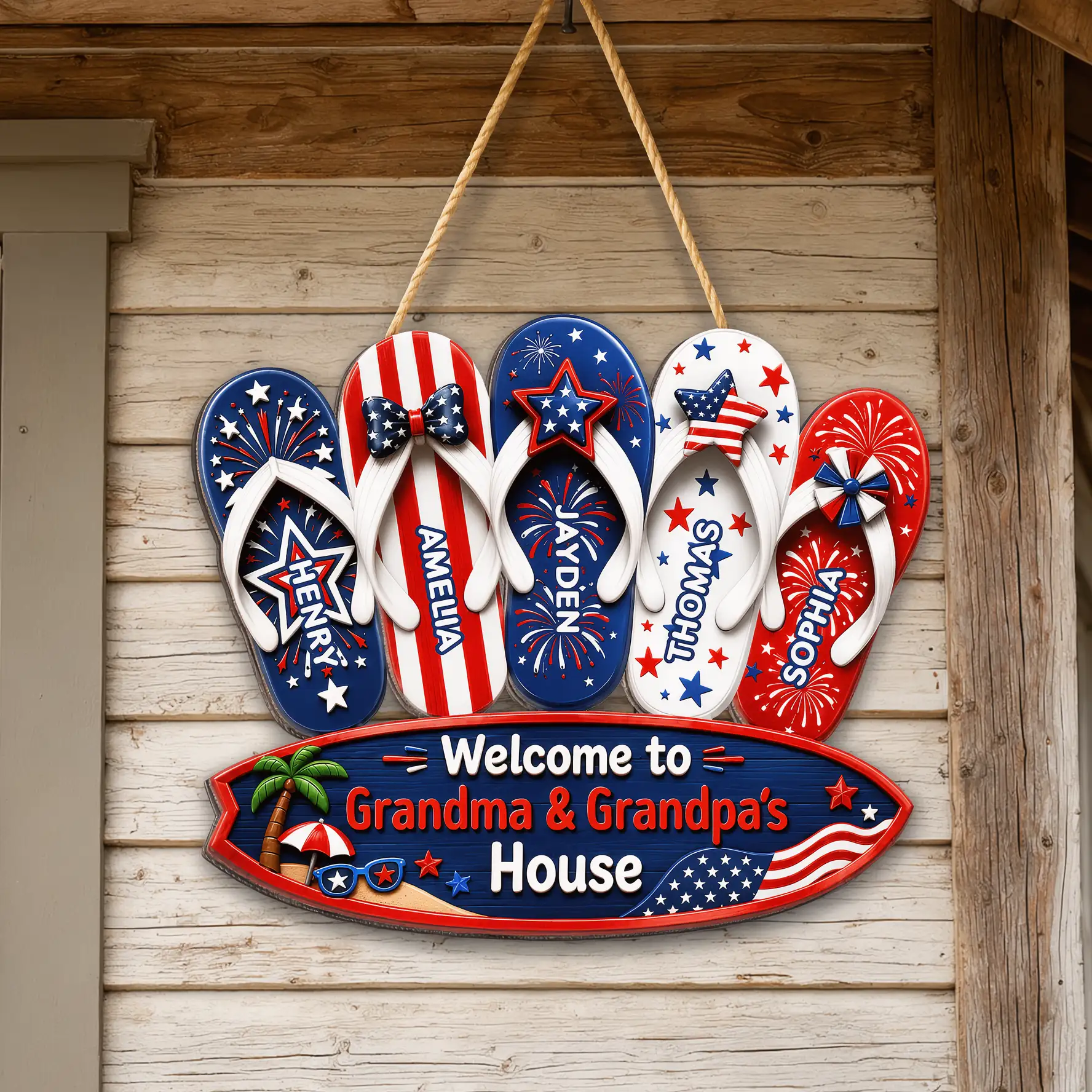 Personalized Wooden Sign With Patriotic Flip Flops, Unique Gift for Grandma & Grandpa