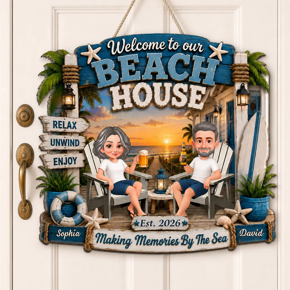 Personalized Wooden Sign, Sitting Couple Beach Sunset, Welcome to Our Beach House Unique Gift For Couple