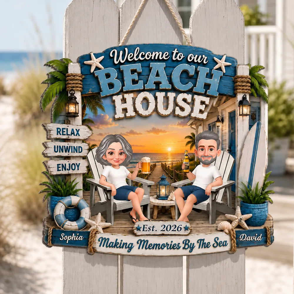 Personalized Wooden Sign, Sitting Couple Beach Sunset, Welcome to Our Beach House Unique Gift For Couple - Image 2