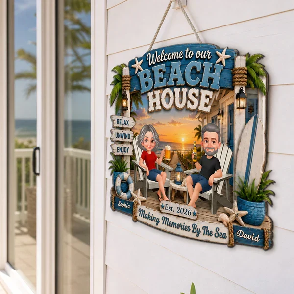 Personalized Wooden Sign, Sitting Couple Beach Sunset, Welcome to Our Beach House Unique Gift For Couple - Image 3