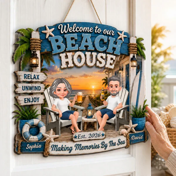 Personalized Wooden Sign, Sitting Couple Beach Sunset, Welcome to Our Beach House Unique Gift For Couple - Image 4