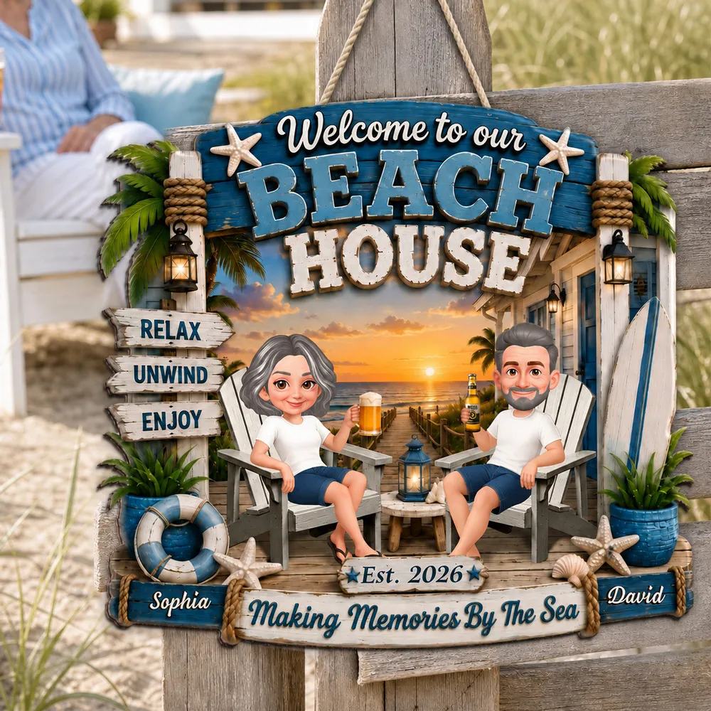 Personalized Wooden Sign, Sitting Couple Beach Sunset, Welcome to Our Beach House Unique Gift For Couple - Image 5