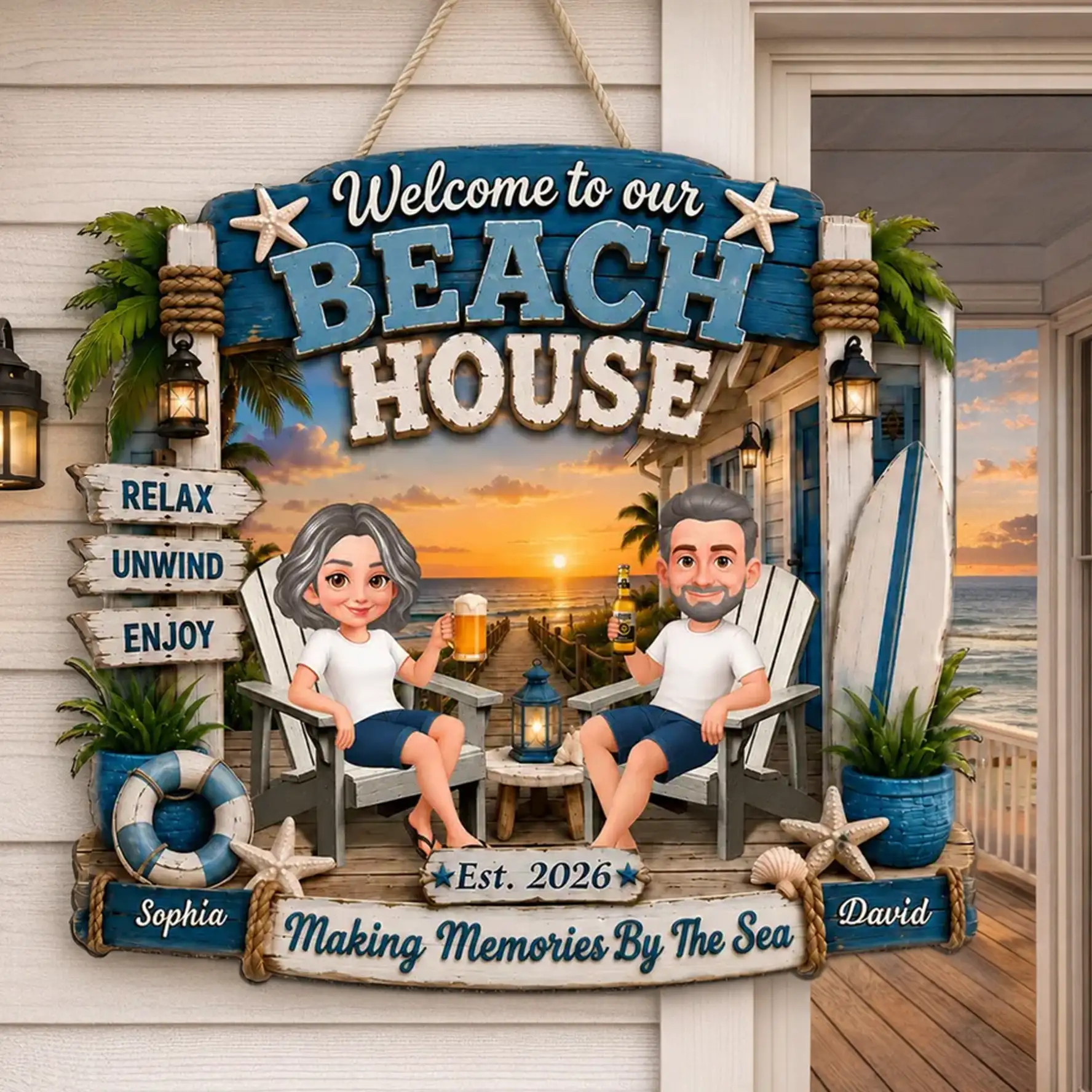 Personalized Wooden Sign, Sitting Couple Beach Sunset, Welcome to Our Beach House Unique Gift For Couple - Image 6