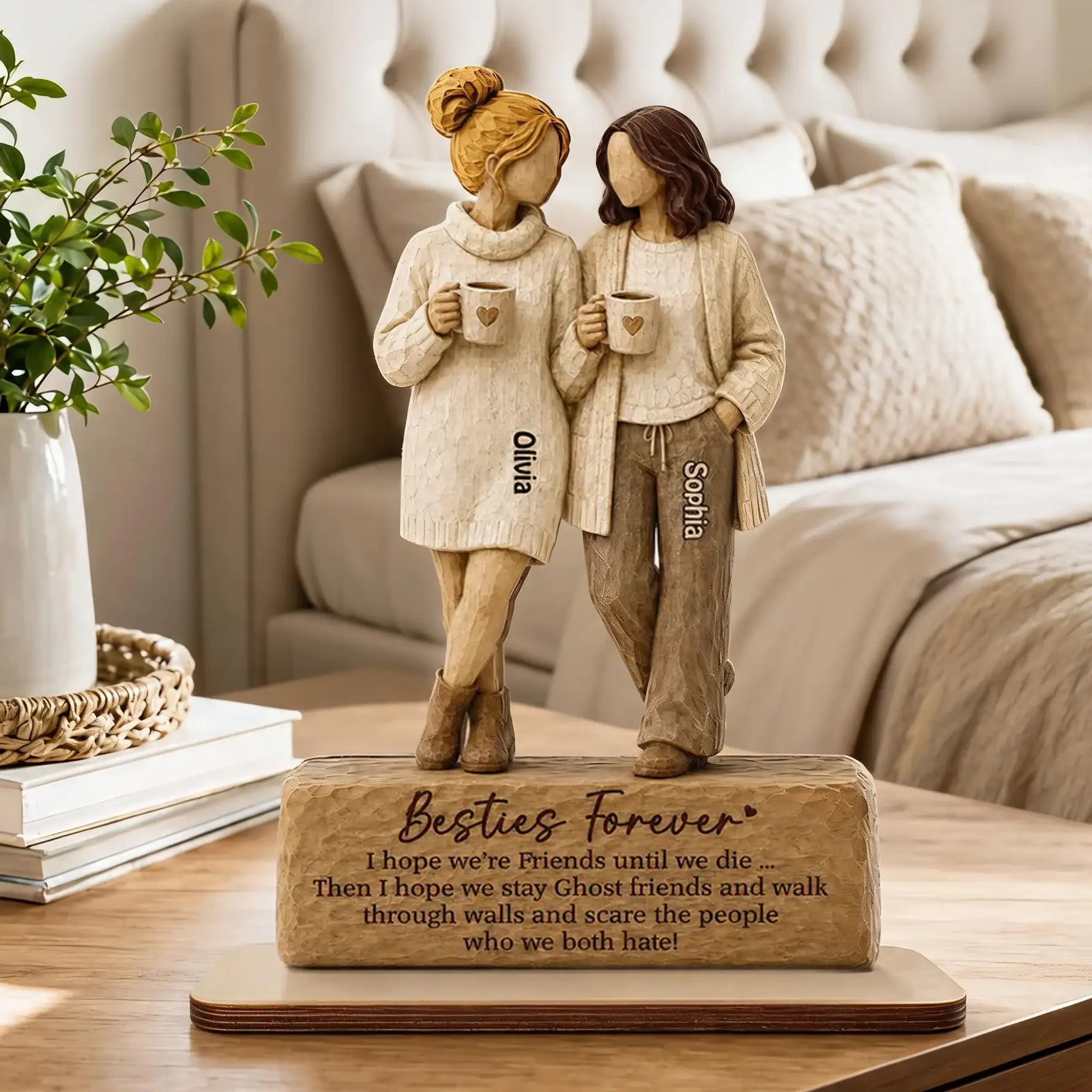 Personalized Wooden Plaque With Two Friends Holding Mugs, Unique Creative Gift For Friend