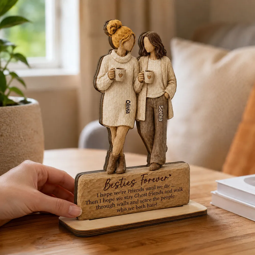 Personalized Wooden Plaque With Two Friends Holding Mugs, Unique Creative Gift For Friend - Image 3