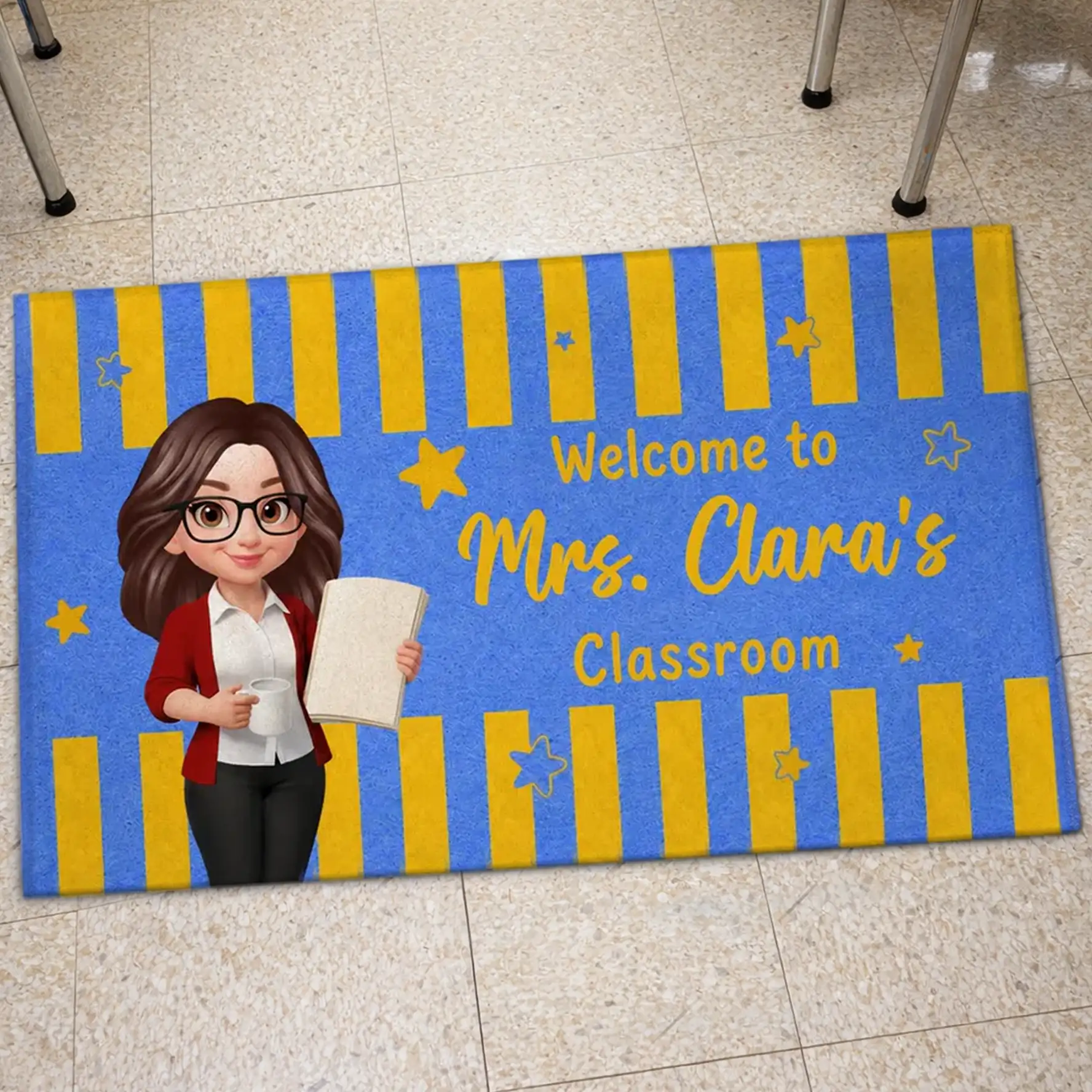 Personalized Standard Doormat With Standing Cartoon Teacher & Blue Yellow Classroom Design, Unique Teacher Gift