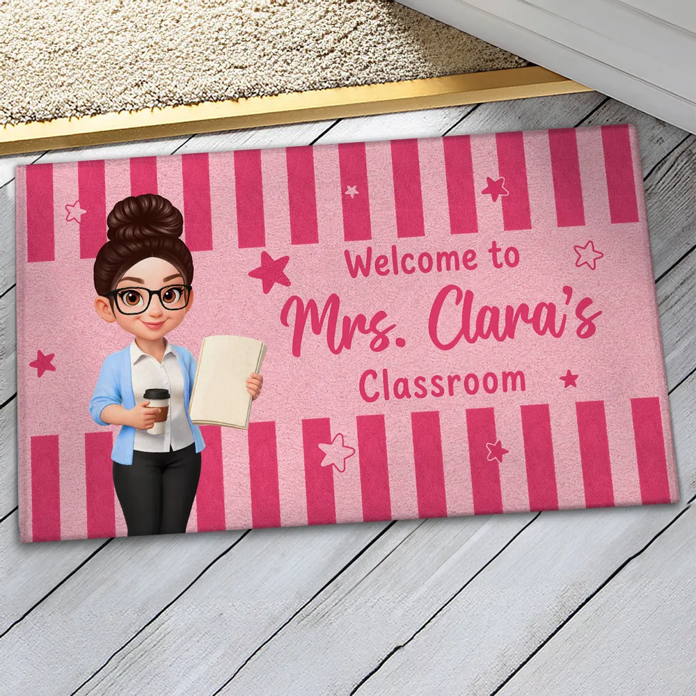 Personalized Standard Doormat With Standing Cartoon Teacher & Blue Yellow Classroom Design, Unique Teacher Gift - Image 2